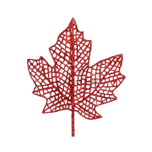 Pick Maple leaf glitter open 9x9cm+12cm wire Red 25pcs